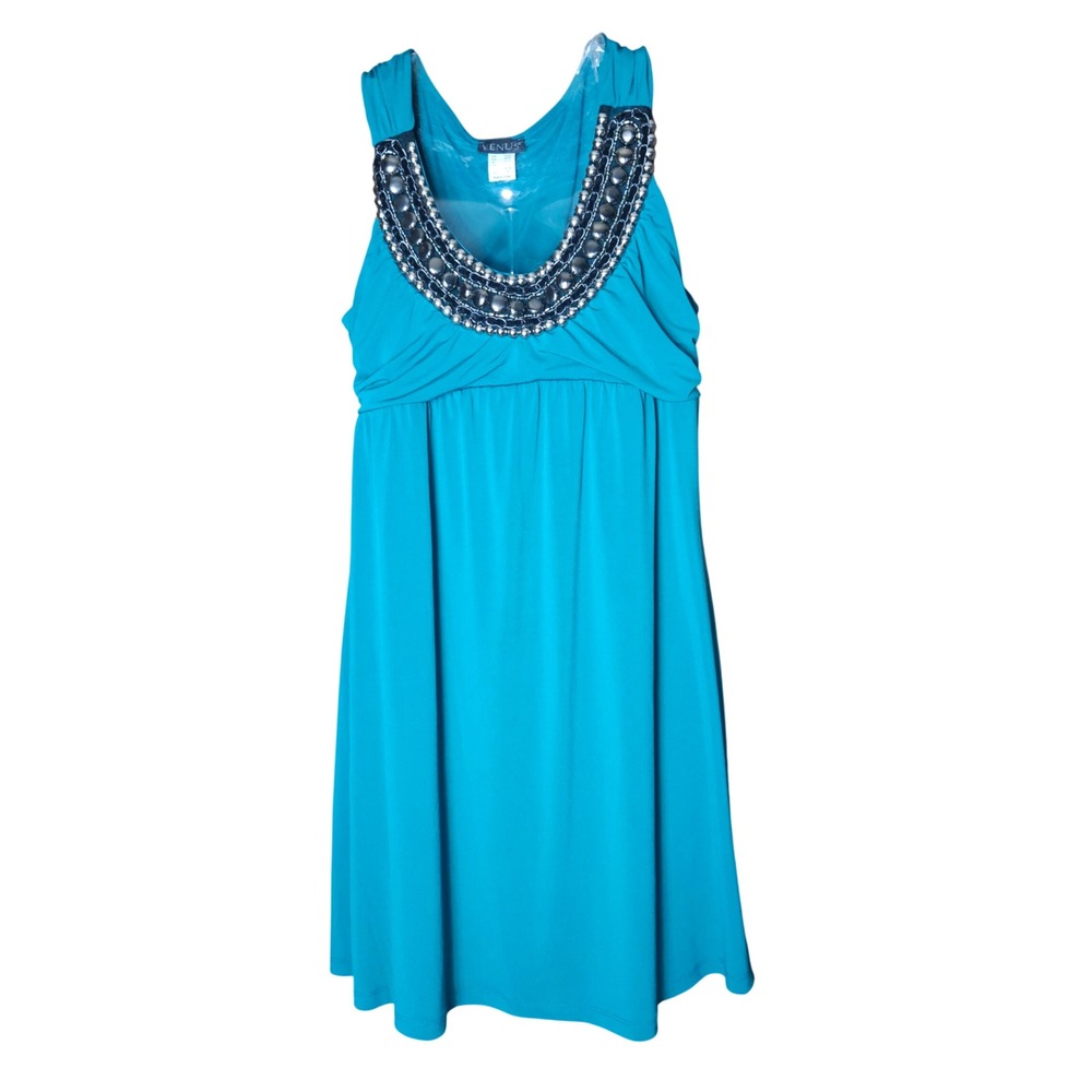 Venus Beaded‎ Neckline Cocktail Dress Womens Medium Teal Blue Empire Waist New
